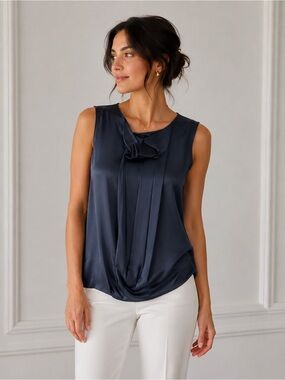 BCBGMaxAzria RUNWAY Navy Blue Sleeveless Ruffle-Neck Camisole Silk Size M